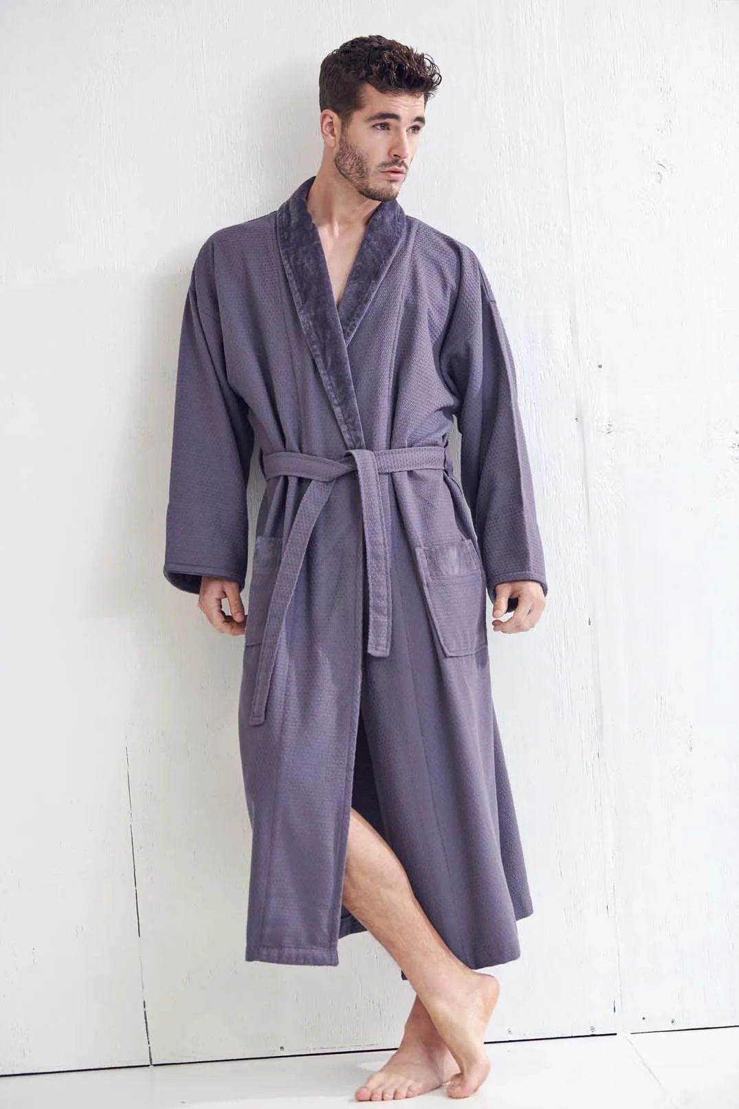 Men's Cotton Turkish Velour Shawl Collar Bathrobe, Luxury Comfort & Absorbent, Breathable & Softness, (Gray)