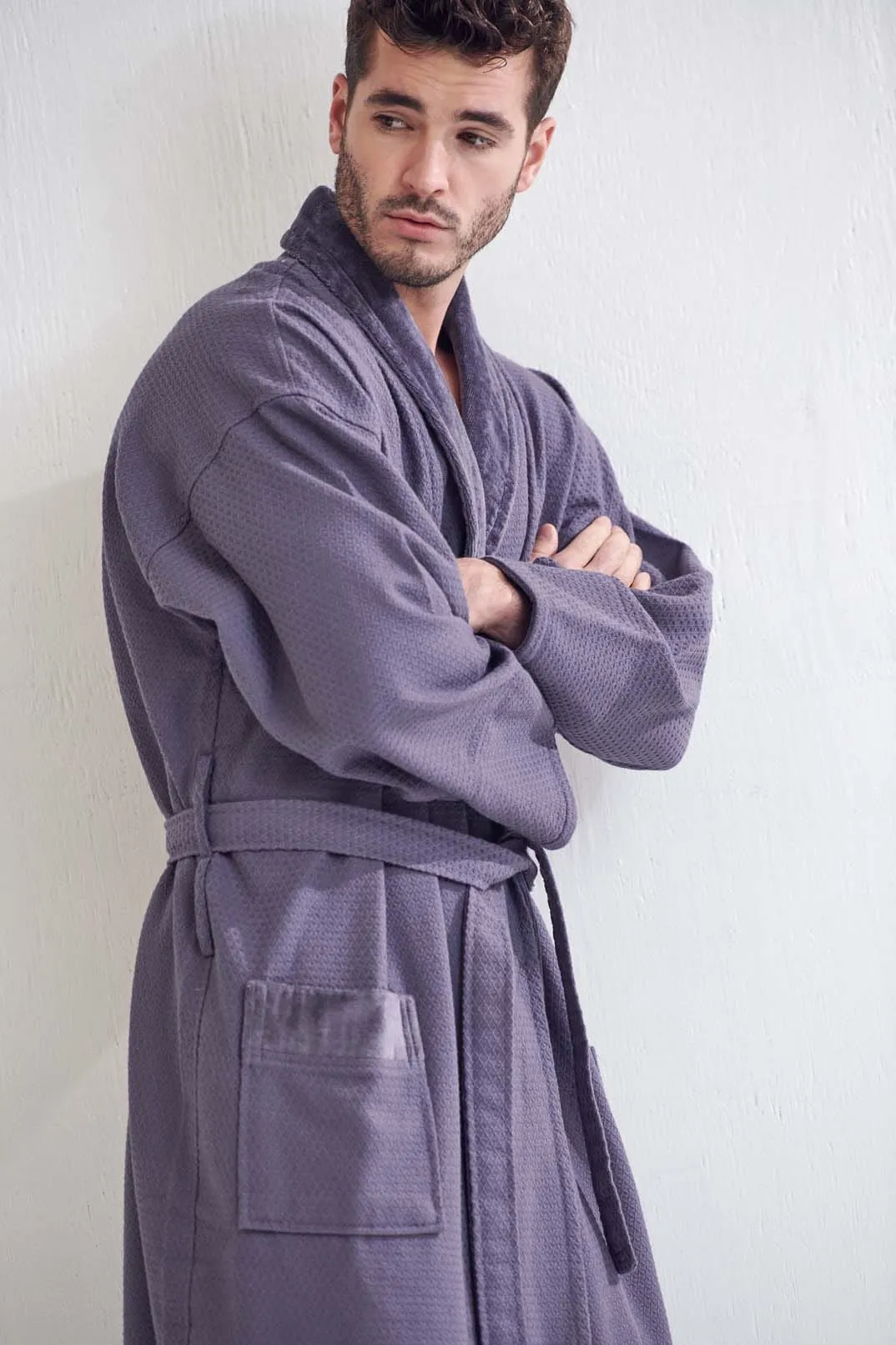 Men's Cotton Turkish Velour Shawl Collar Bathrobe, Luxury Comfort & Absorbent, Breathable & Softness, (Gray)