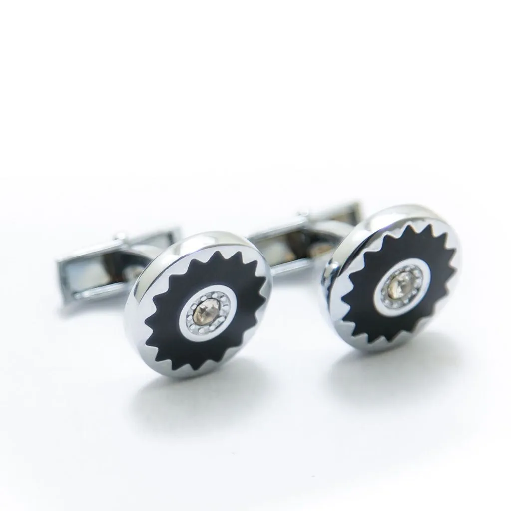 Mens Cufflinks – Stainless Steel With Black Flower – Diamond – Rounded
