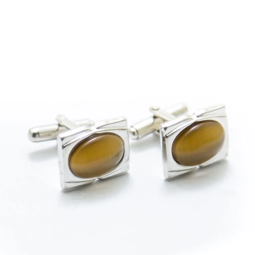 Mens Cufflinks With Golden Gemstone – Rectangle