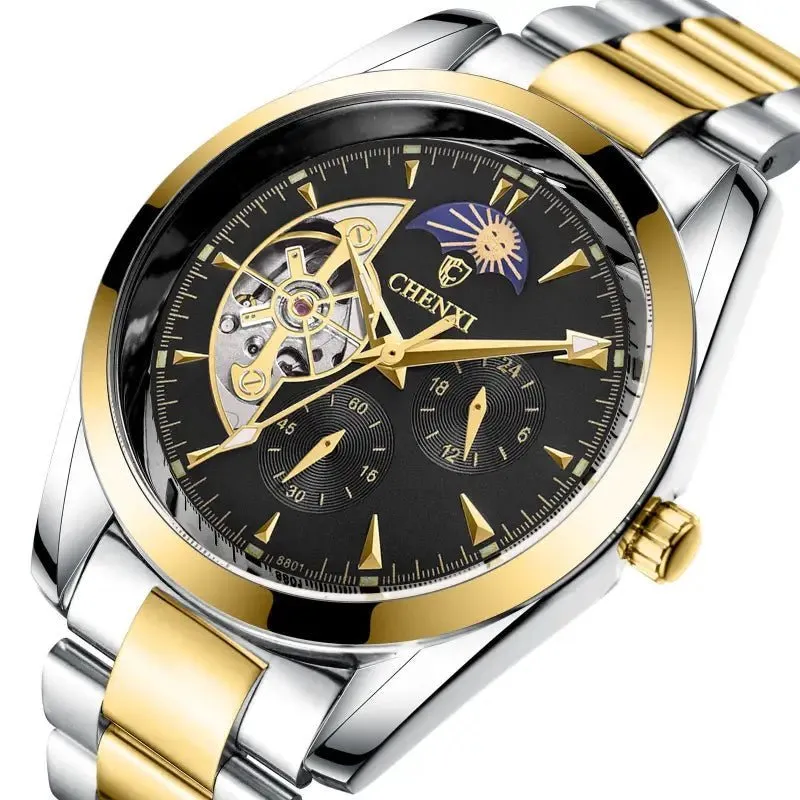 Men's Mechanical Watches: 24-Hour Moon Phase Display & Waterproof Design