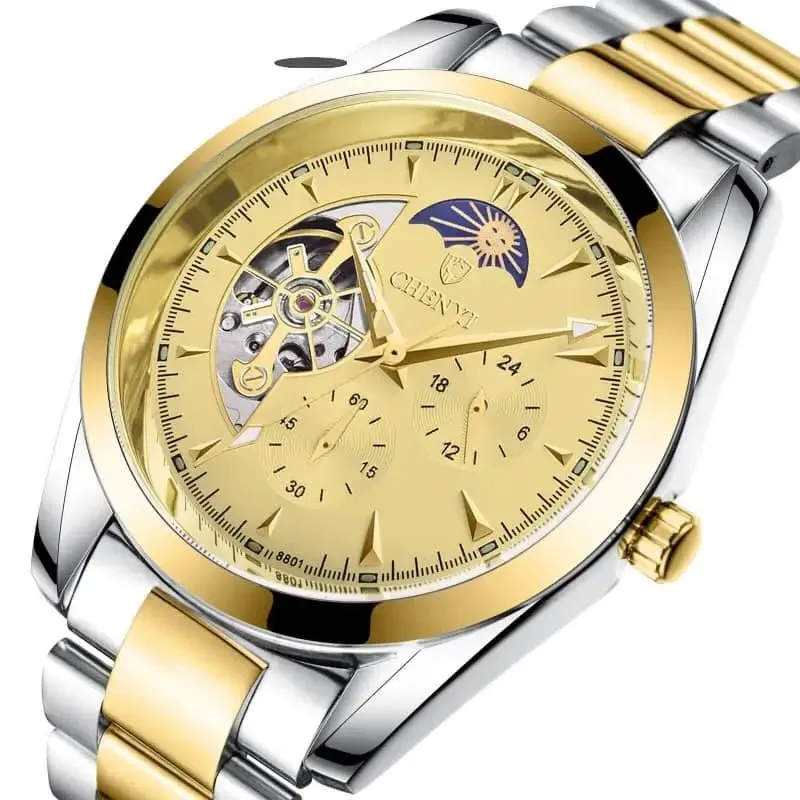 Men's Mechanical Watches: 24-Hour Moon Phase Display & Waterproof Design