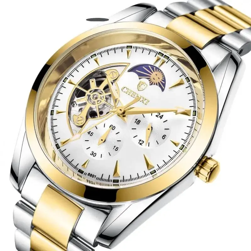 Men's Mechanical Watches: 24-Hour Moon Phase Display & Waterproof Design