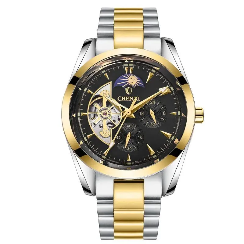 Men's Mechanical Watches: 24-Hour Moon Phase Display & Waterproof Design