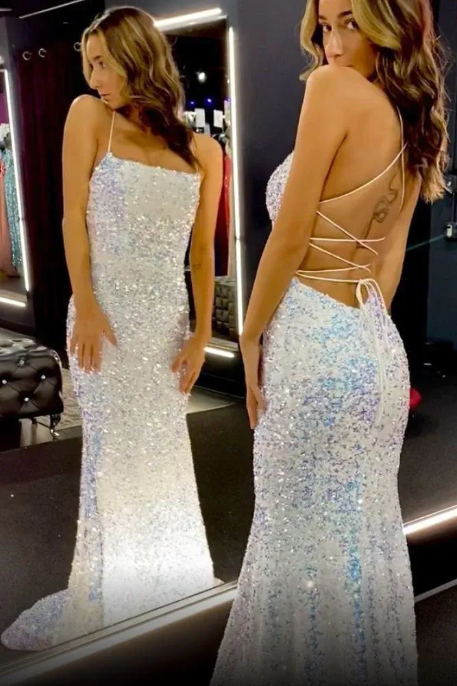Mermaid White Iridescent Prom Dress 2025 Sequin Sparkly Evening Gown Backless