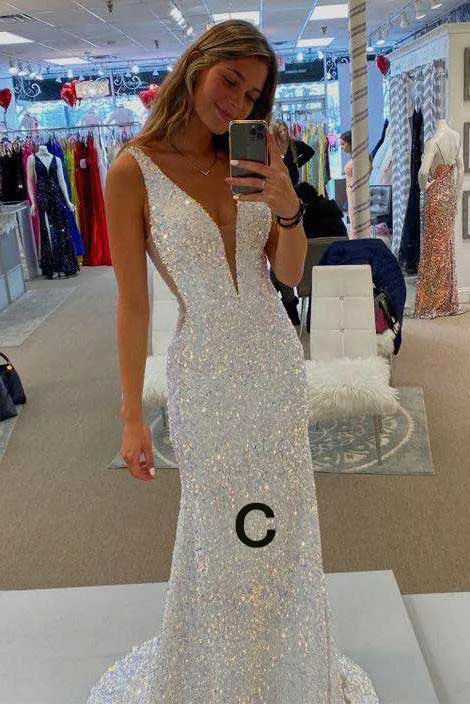 Mermaid White Iridescent Prom Dress 2025 Sequin Sparkly Evening Gown Backless