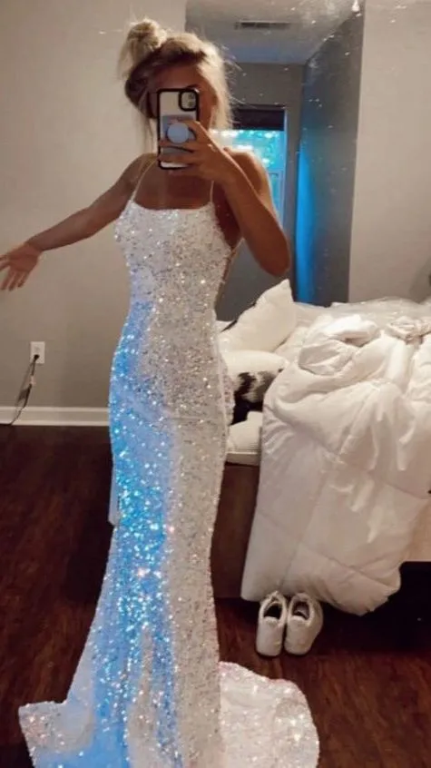 Mermaid White Iridescent Prom Dress 2025 Sequin Sparkly Evening Gown Backless