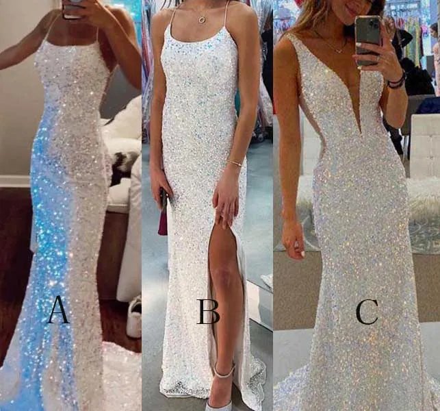 Mermaid White Iridescent Prom Dress 2025 Sequin Sparkly Evening Gown Backless