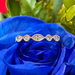 Milgrain Detailed Stacking Diamond Wedding Band 14K White Gold Ring