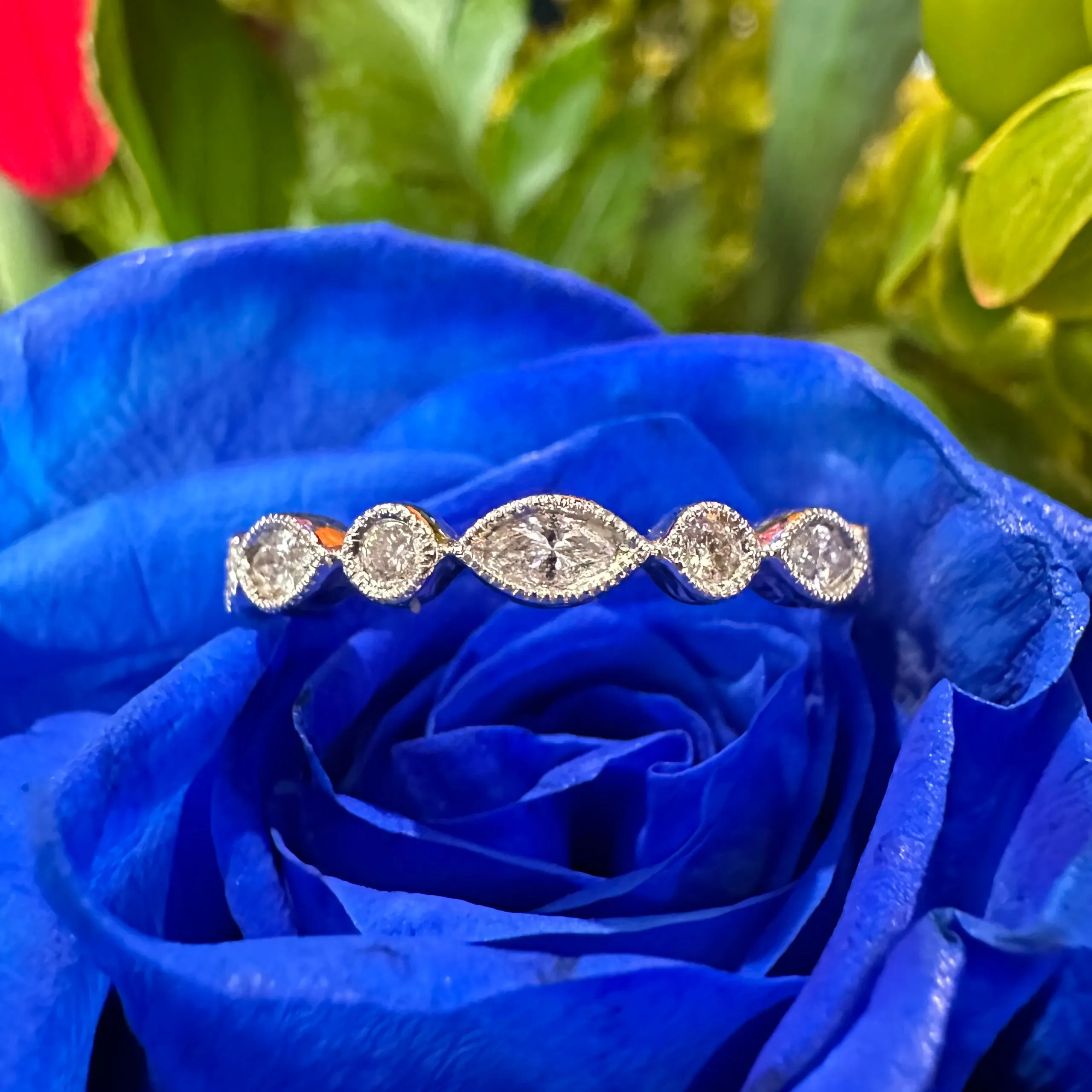 Milgrain Detailed Stacking Diamond Wedding Band 14K White Gold Ring