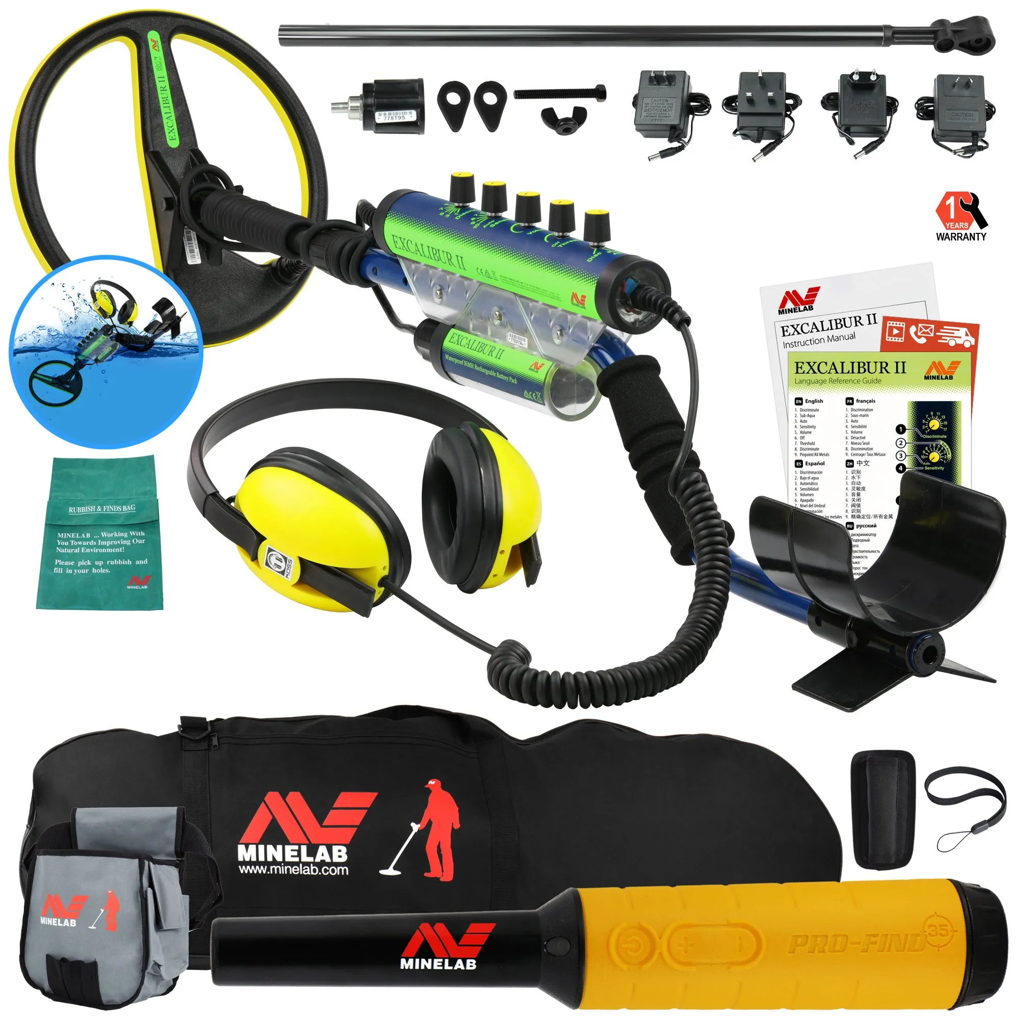 Minelab Excalibur II 1000 Waterproof Detector w/ Pro Find 35, Carry Bag, Pouch