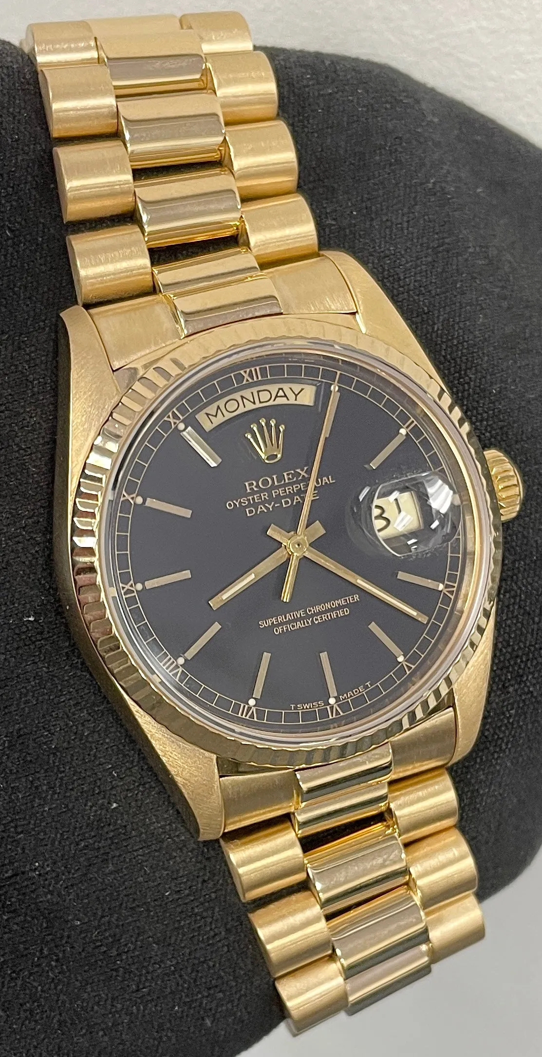 MINT 1987 Rolex Day-Date President 18038 36mm Black 18K Yellow Gold Watch