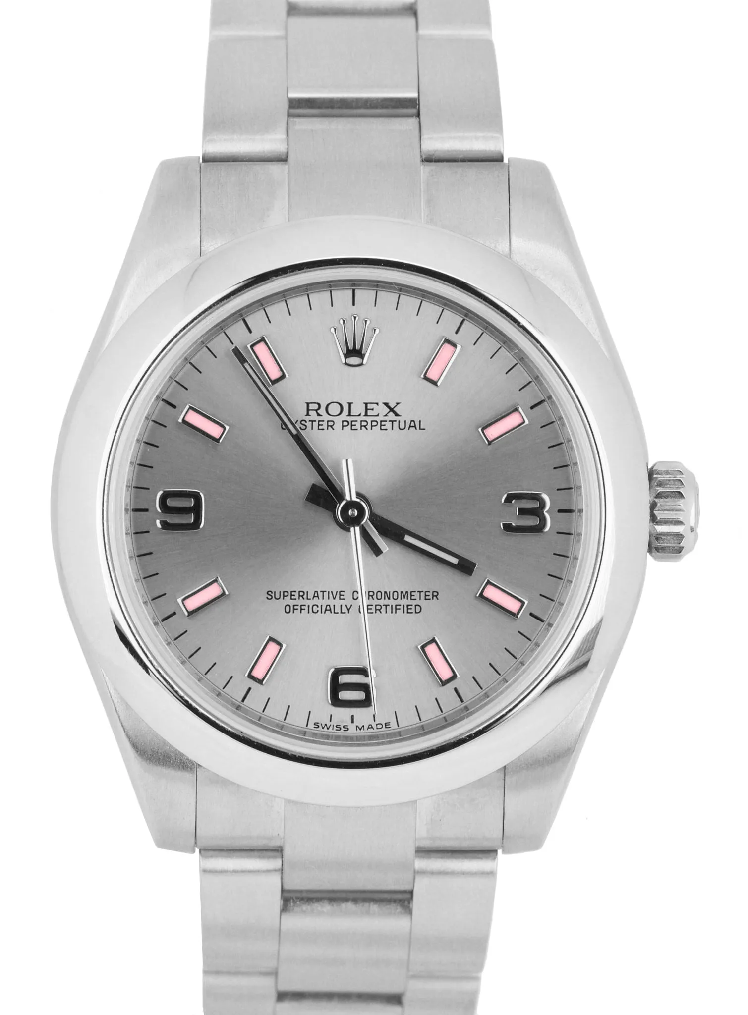 MINT Ladies Rolex Oyster Perpetual 31 Silver 3-6-9 Pink 31mm Oyster 177200 Watch