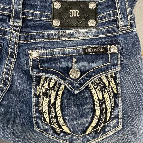 Miss Me Jeans Women's 28x34 (6) Blue Signature Boot Angel Wings Western Blingy