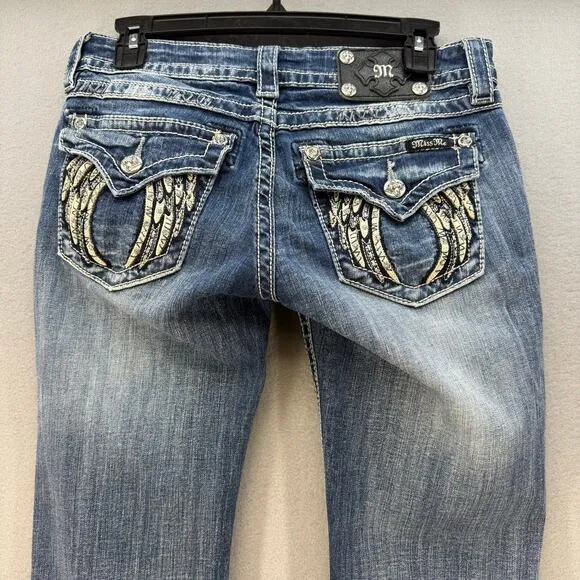 Miss Me Jeans Women's 28x34 (6) Blue Signature Boot Angel Wings Western Blingy