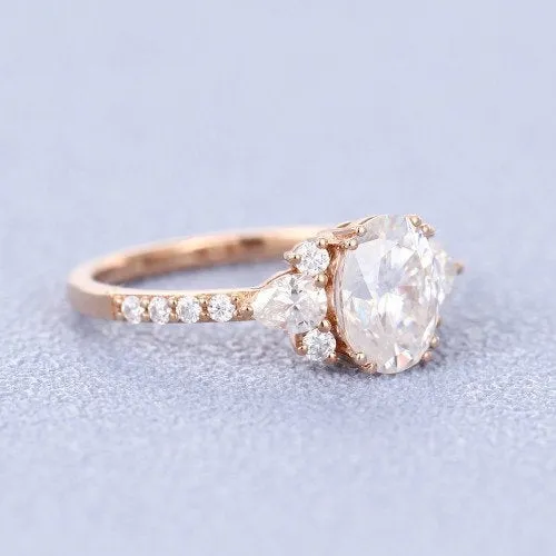 Moissanite engagement ring rose gold oval moissanite ring diamond band art deco unique vintage cluster Pear ring wedding Bridal Anniversary