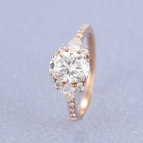 Moissanite engagement ring rose gold oval moissanite ring diamond band art deco unique vintage cluster Pear ring wedding Bridal Anniversary