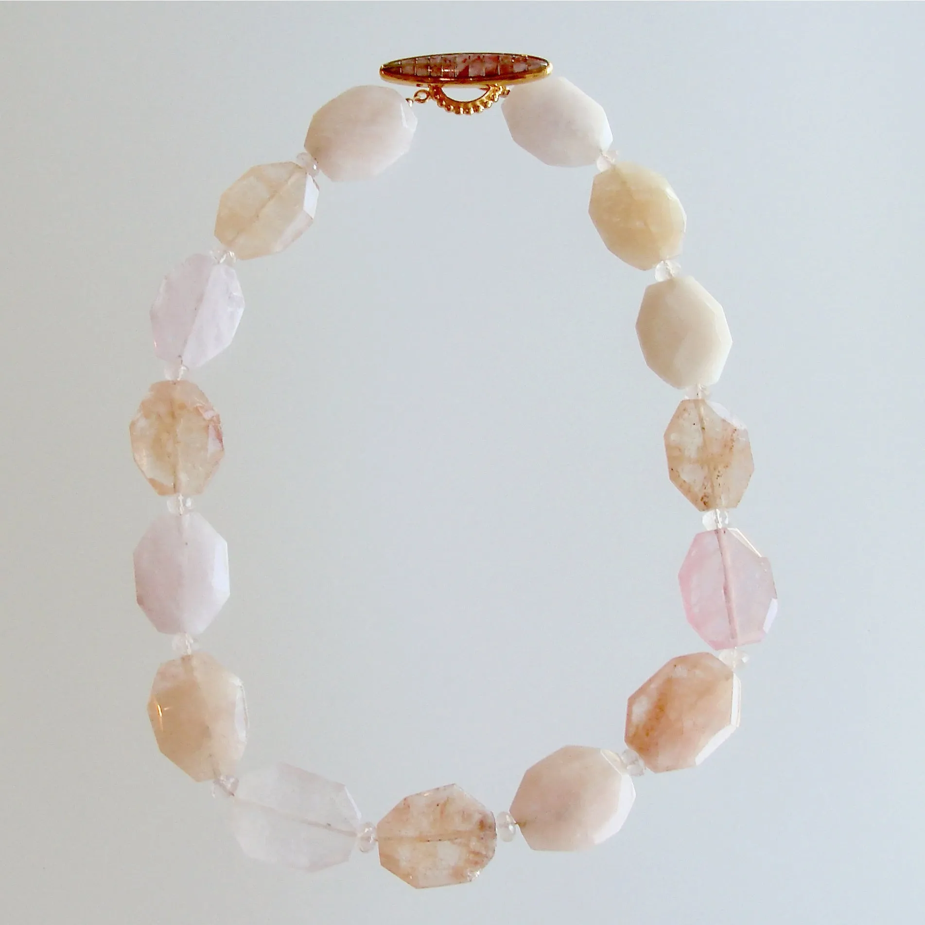 Morganite Oval Slabs Rose Quartz Rhodochrosite Inlay Toggle - Bettina Necklace