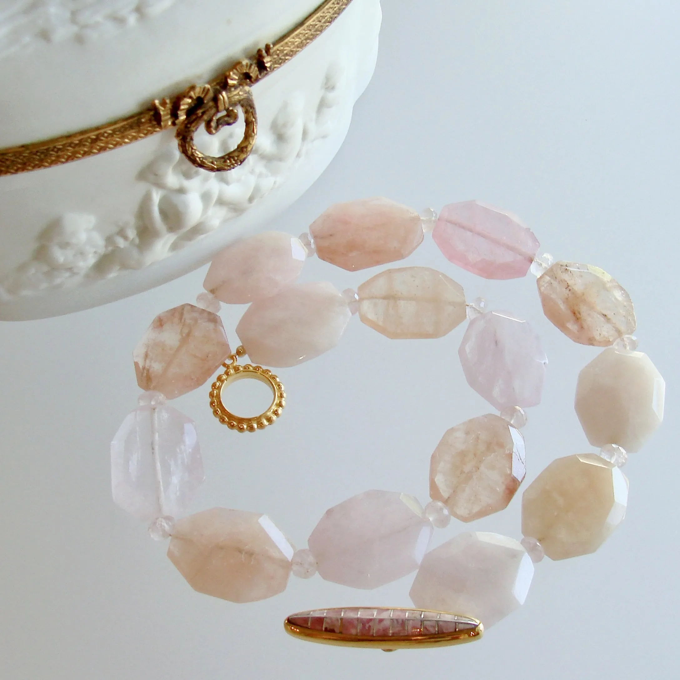Morganite Oval Slabs Rose Quartz Rhodochrosite Inlay Toggle - Bettina Necklace