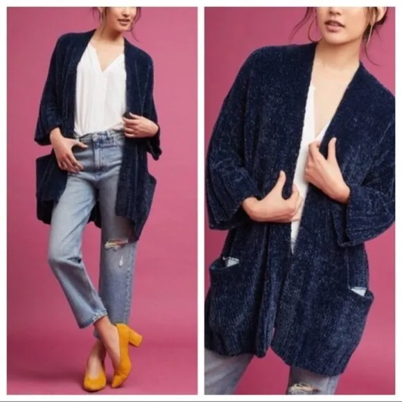Moth Anthropologie Navy Soft Chunky Chenille Oversized Cardigan Size XS