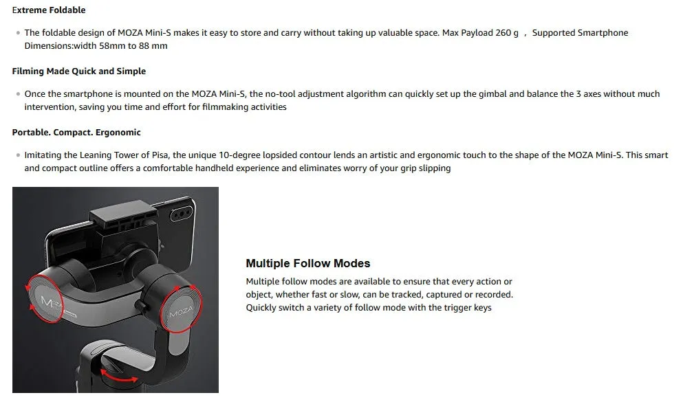 MOZA Mini-S 3-Axis Foldable Smartphone Gimbal Stabilizer of Smart Camera for Motion Recording