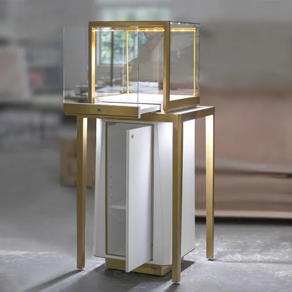 MT27 Luxury Pedestal Showcase w/ Metal Legs & Base Cabinet, RFID Locking Drawer, Led Bars