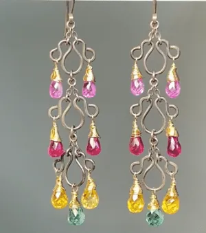 Multi-color Long Chandelier Earrings Oxidized Silver Colorful Corundum Quartz