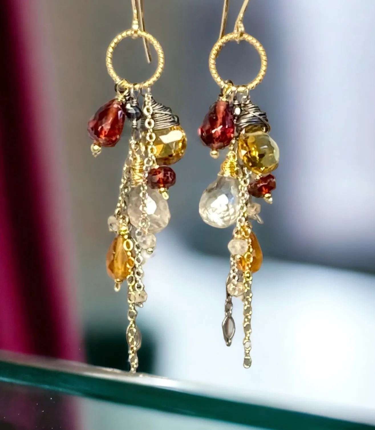 Multi Gemstone Dangle Earrings Garnet Citrine Mixed Metal