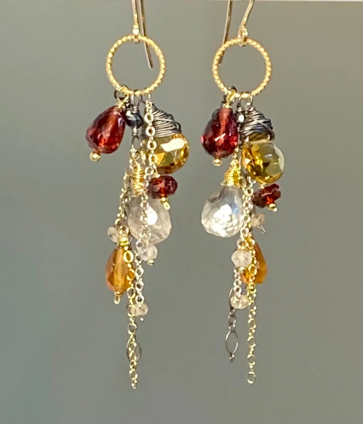 Multi Gemstone Dangle Earrings Garnet Citrine Mixed Metal