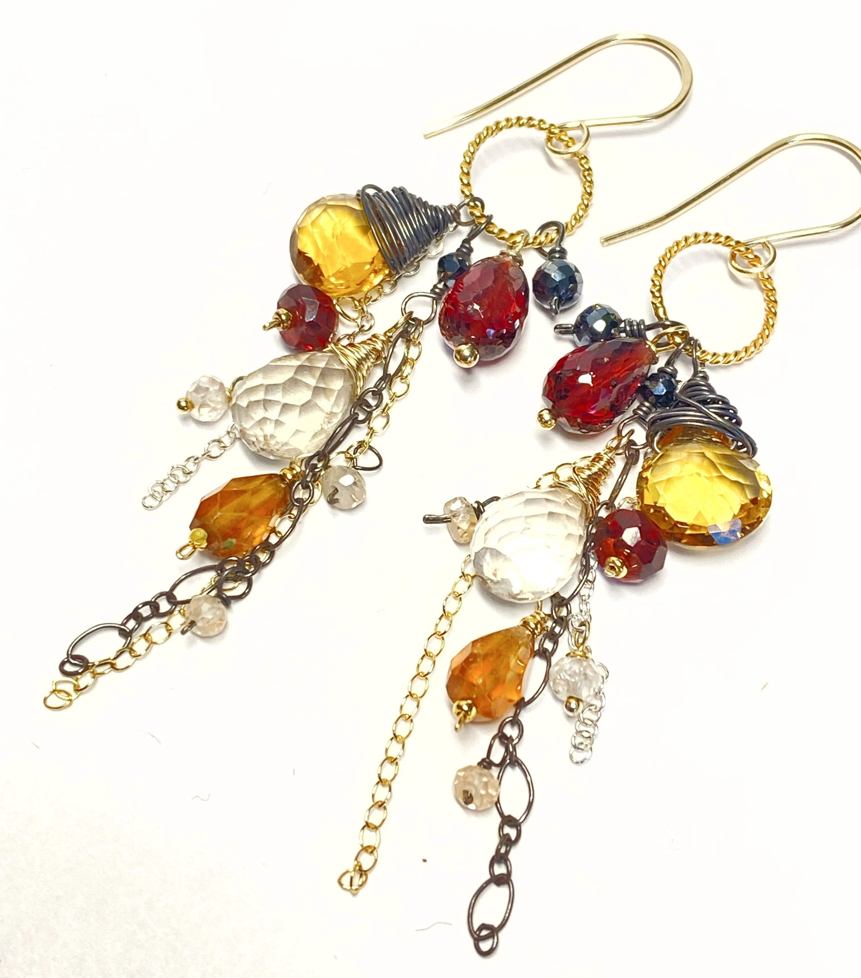 Multi Gemstone Dangle Earrings Garnet Citrine Mixed Metal