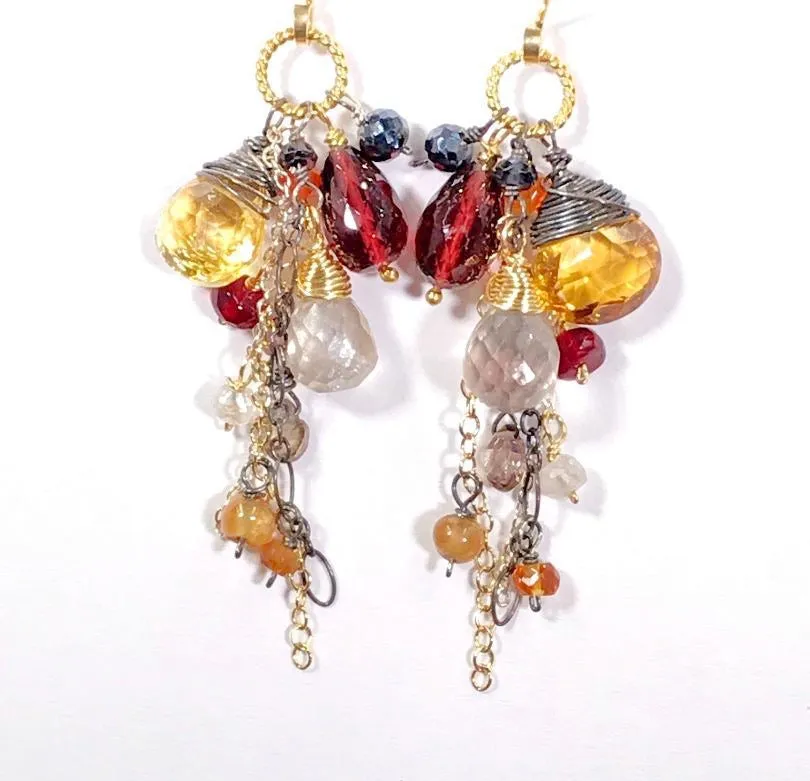 Multi Gemstone Dangle Earrings Garnet Citrine Mixed Metal