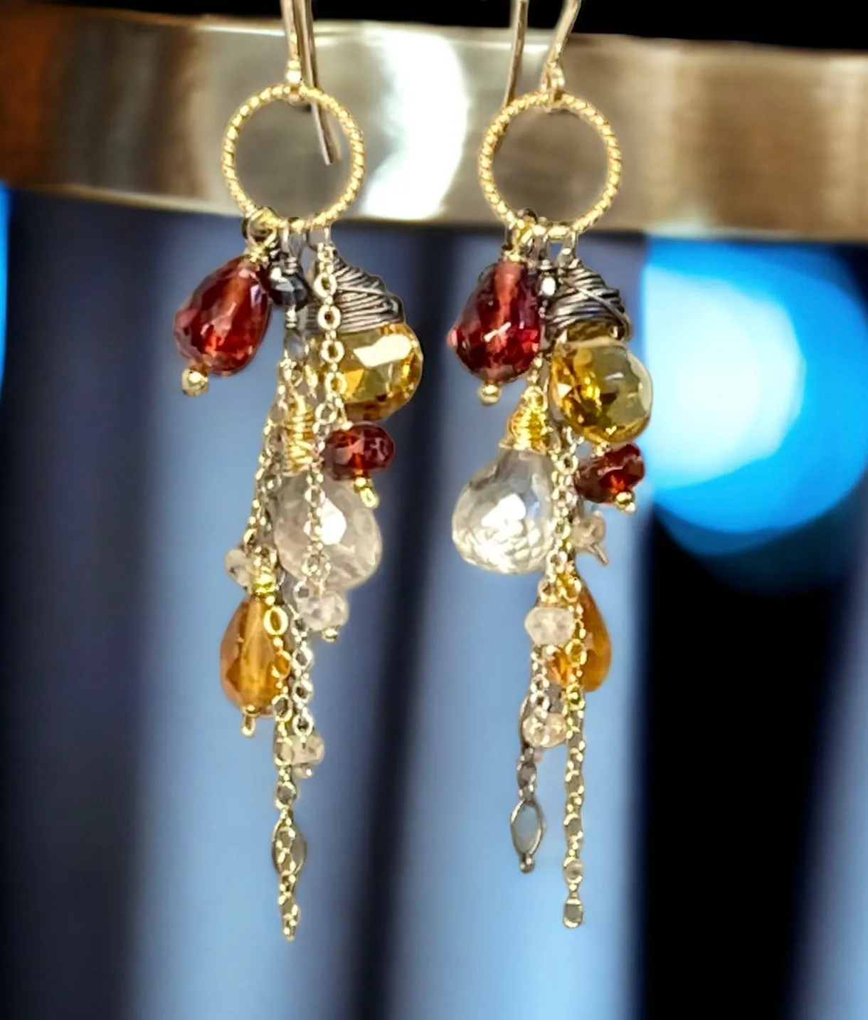 Multi Gemstone Dangle Earrings Garnet Citrine Mixed Metal