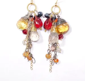 Multi Gemstone Dangle Earrings Garnet Citrine Mixed Metal