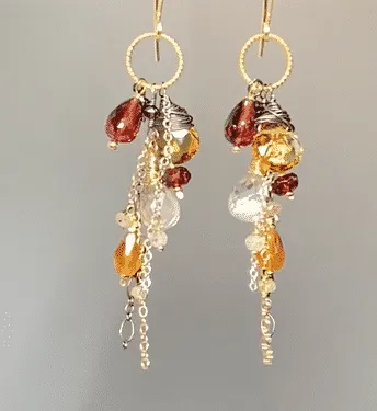 Multi Gemstone Dangle Earrings Garnet Citrine Mixed Metal