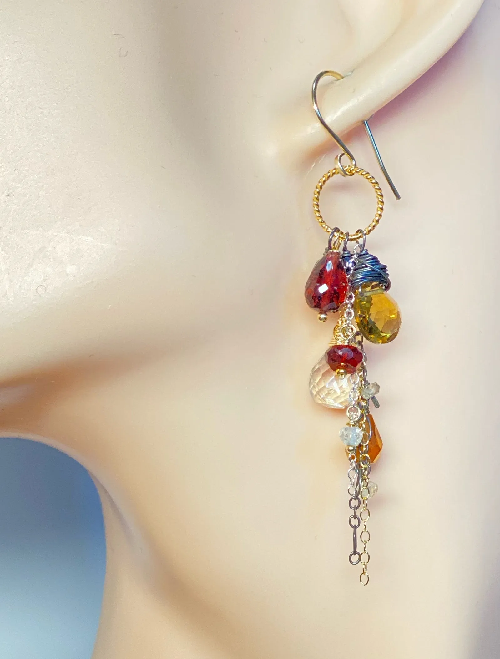 Multi Gemstone Dangle Earrings Garnet Citrine Mixed Metal