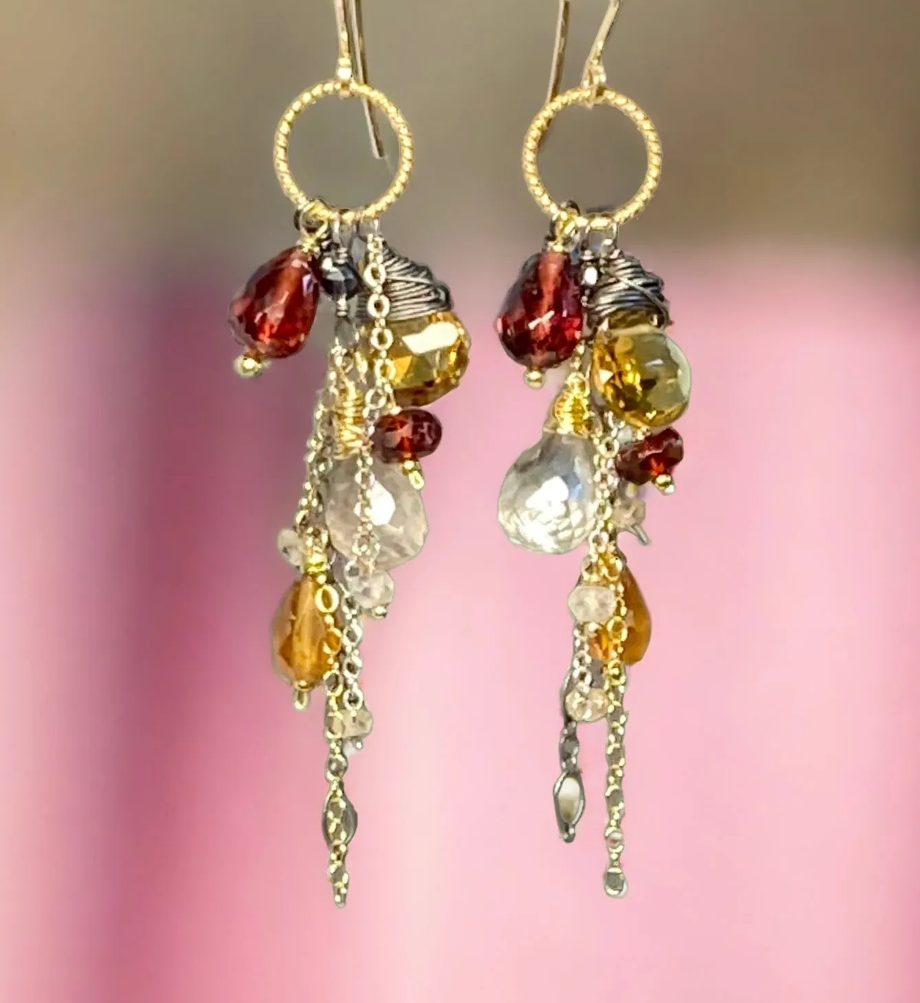 Multi Gemstone Dangle Earrings Garnet Citrine Mixed Metal