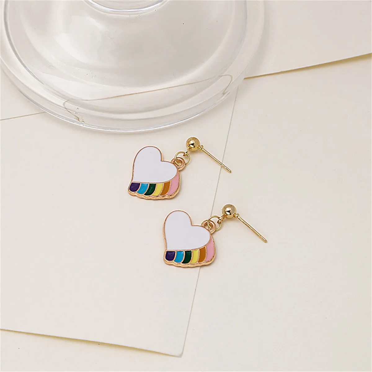 Multicolor Enamel & 18K Gold-Plated Rainbow Heart Drop Earrings