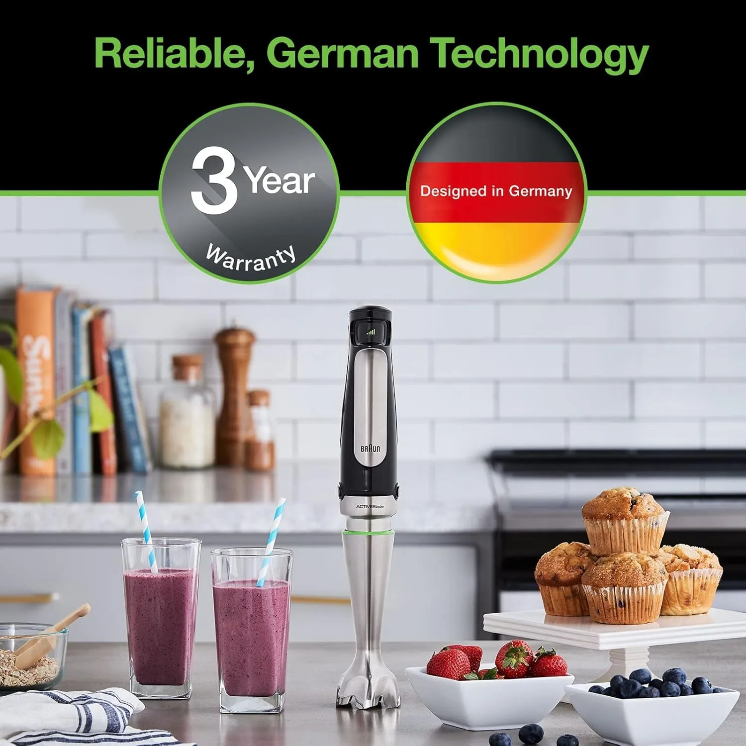 Multiquick 7 3-In-1 Immersion Hand Blender with Variable Speed and Patented Technology - Includes 2-Cup Chopper, Whisk   Beaker for Fast Blending, Stainless Steel, MQ7035X