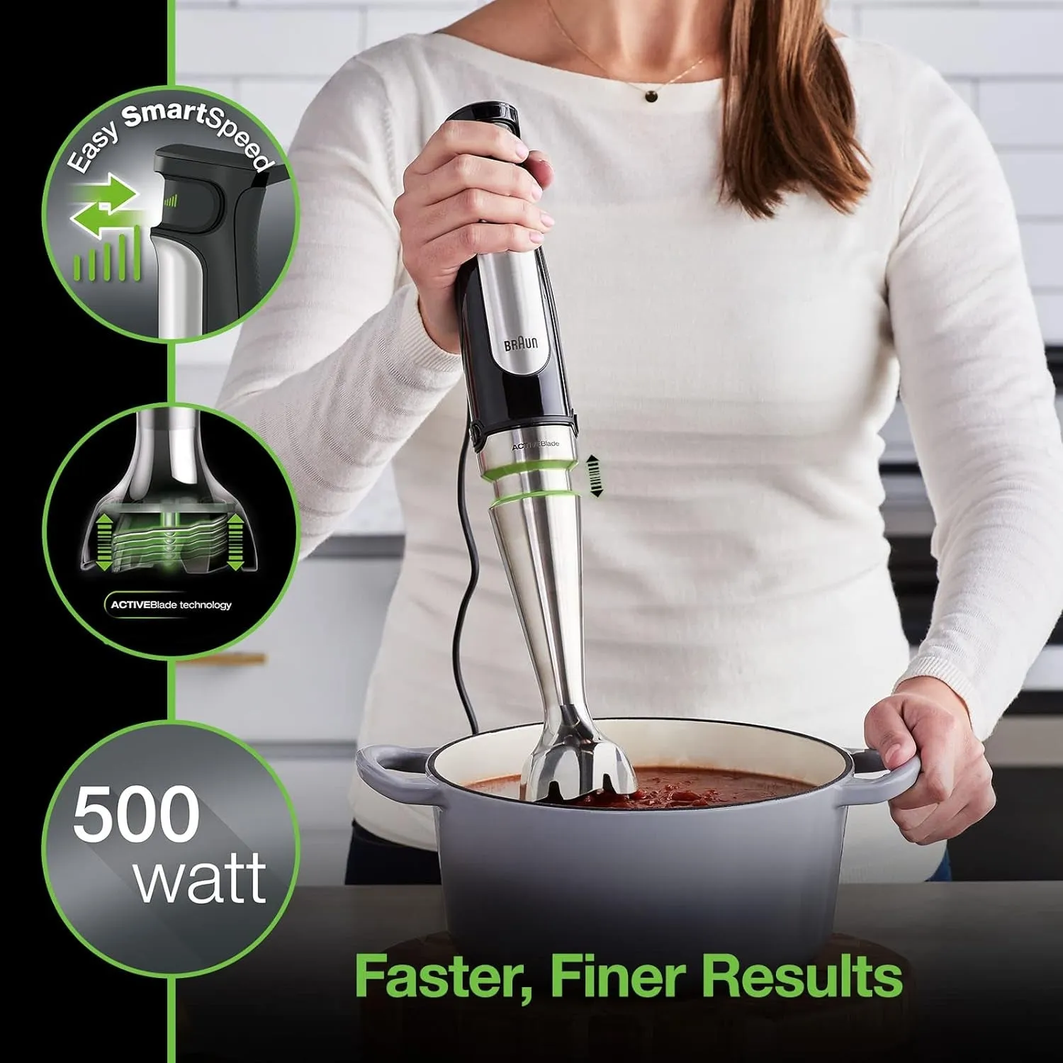 Multiquick 7 3-In-1 Immersion Hand Blender with Variable Speed and Patented Technology - Includes 2-Cup Chopper, Whisk   Beaker for Fast Blending, Stainless Steel, MQ7035X