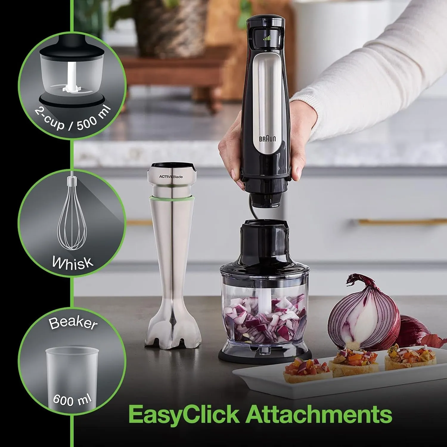 Multiquick 7 3-In-1 Immersion Hand Blender with Variable Speed and Patented Technology - Includes 2-Cup Chopper, Whisk   Beaker for Fast Blending, Stainless Steel, MQ7035X