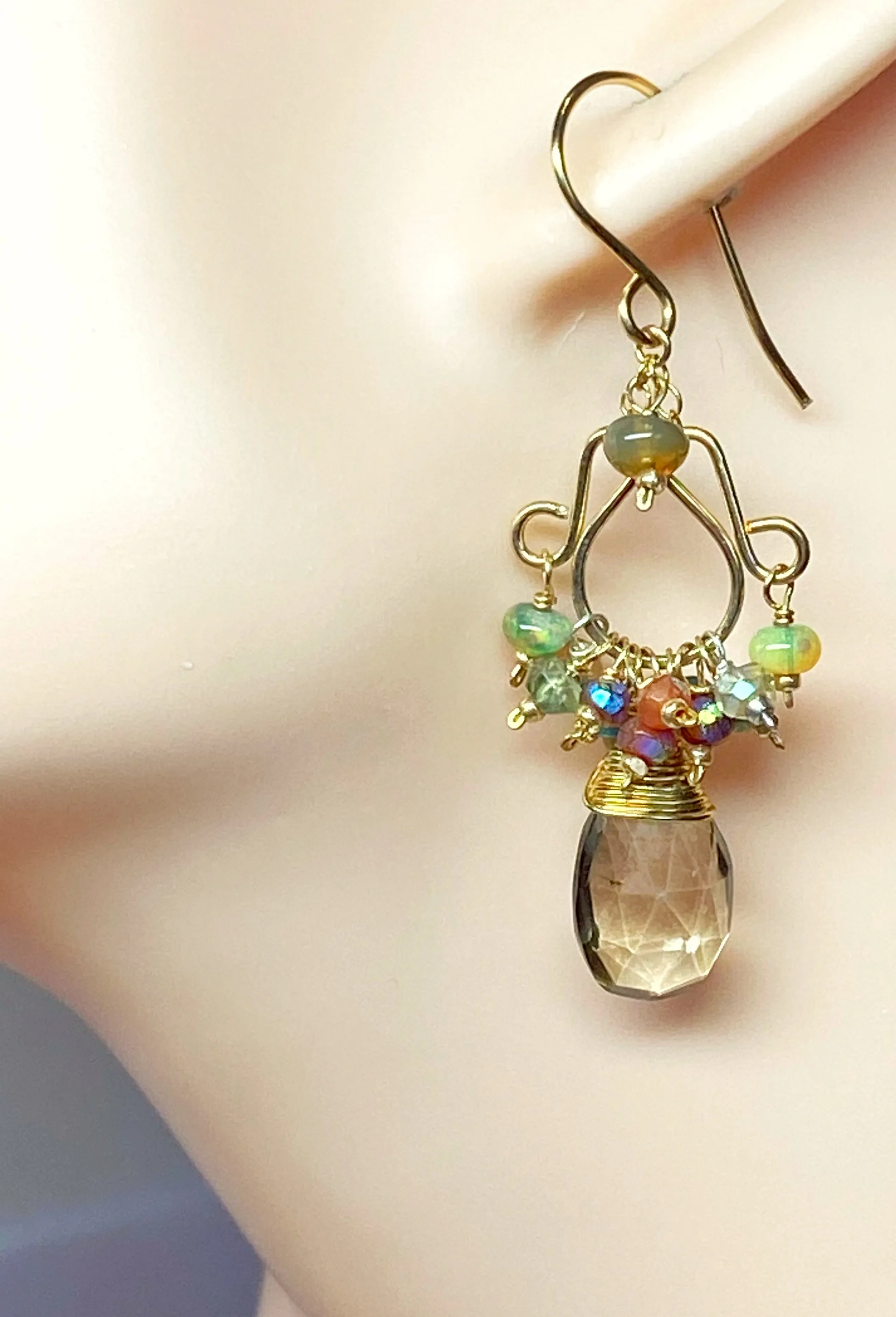 Mystic Smokey Quartz and Multicolor Gemstone Chandelier Earrings Gold Fill