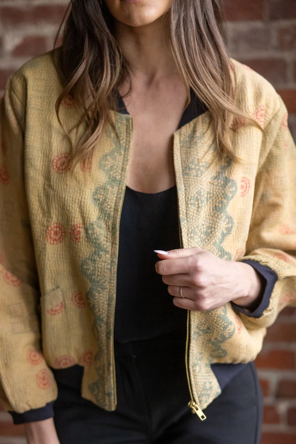 Nadia Bomber Jacket  | Vintage Kantha - Sand (L)