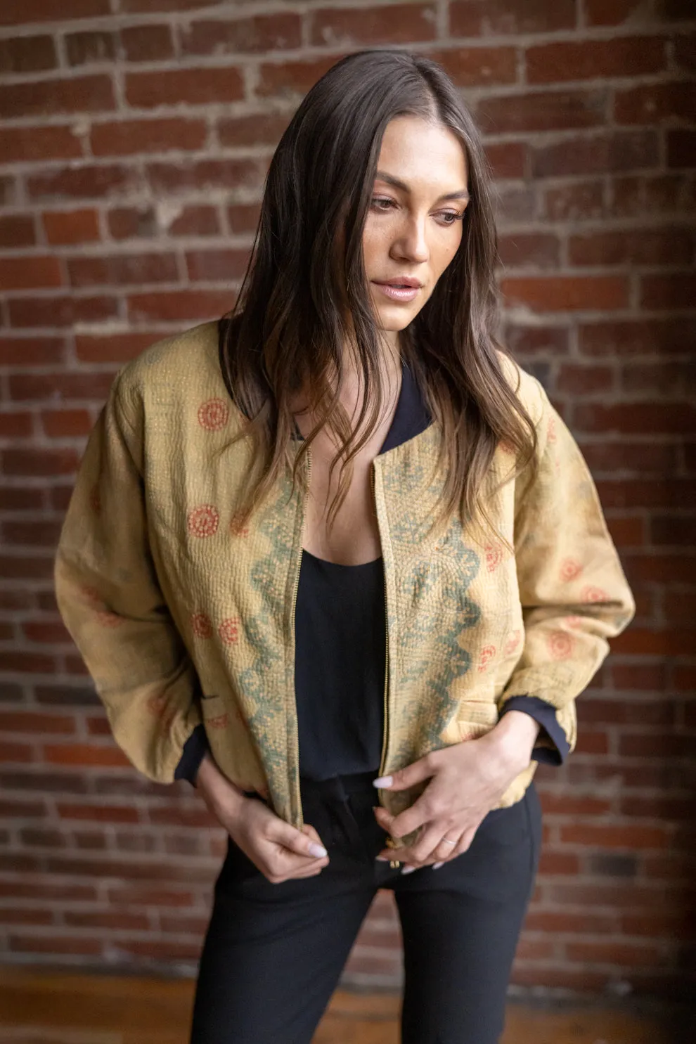 Nadia Bomber Jacket  | Vintage Kantha - Sand (L)