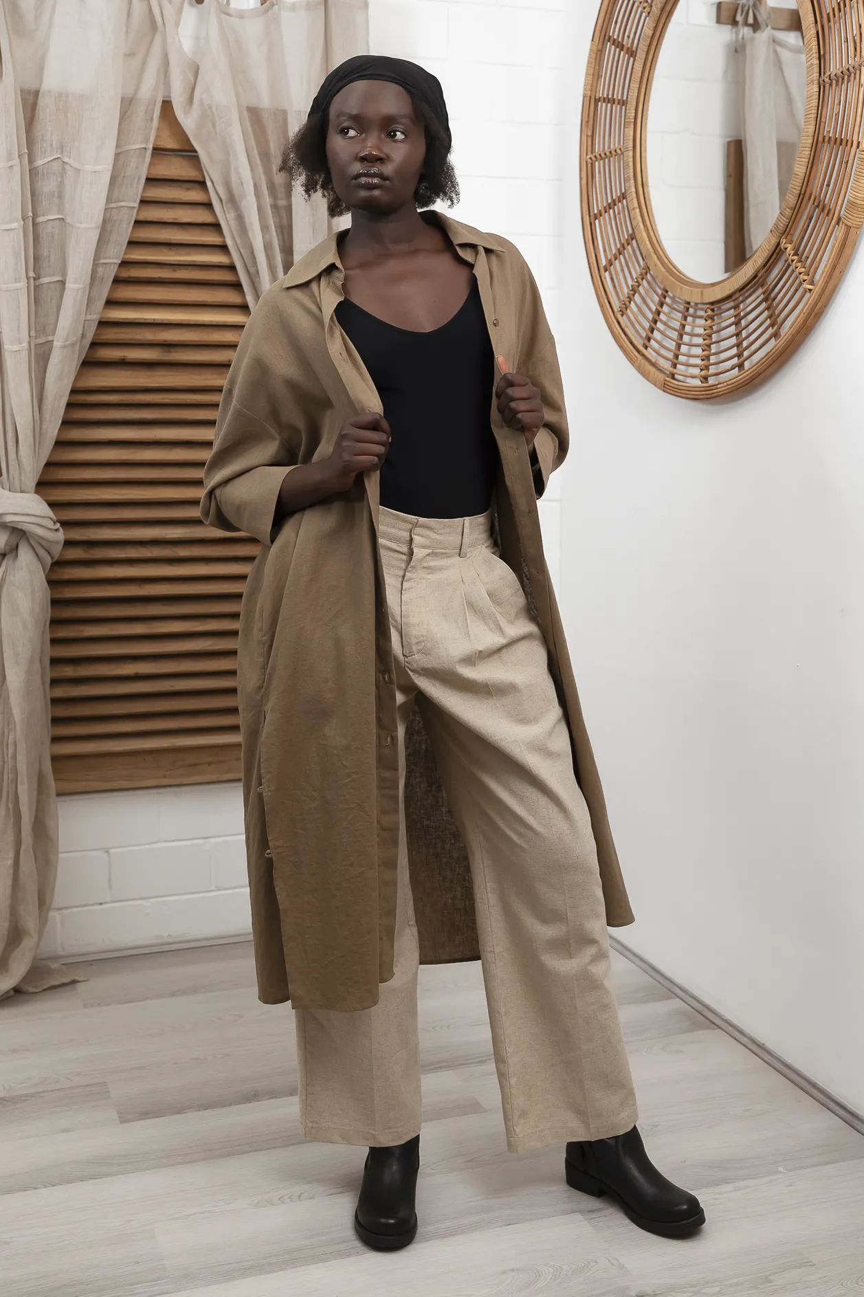 'Nadia' Linen Coat/Dress - Khaki