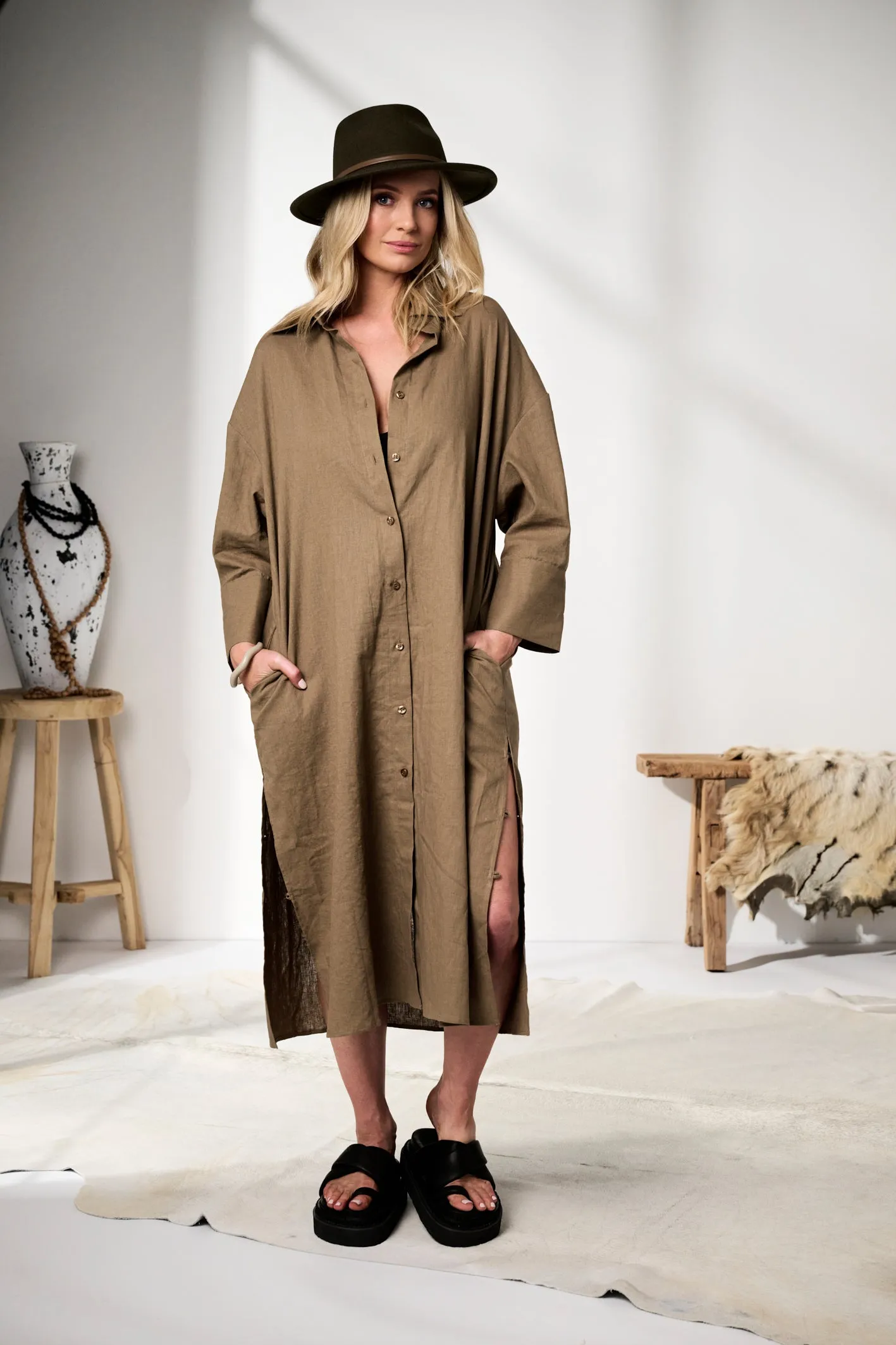 'Nadia' Linen Coat/Dress - Khaki