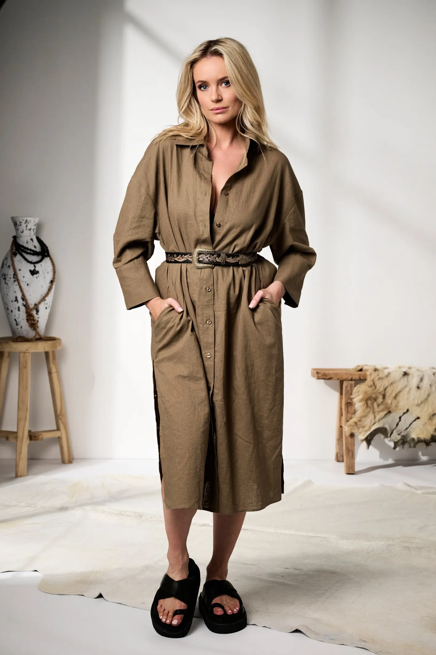 'Nadia' Linen Coat/Dress - Khaki