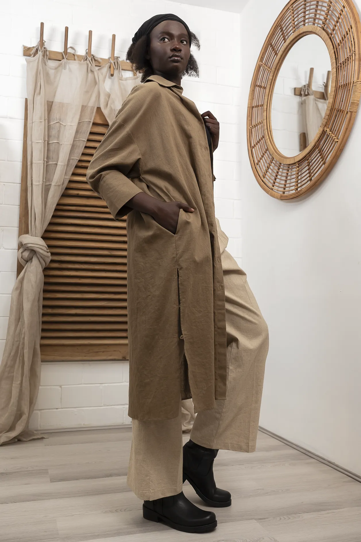 'Nadia' Linen Coat/Dress - Khaki