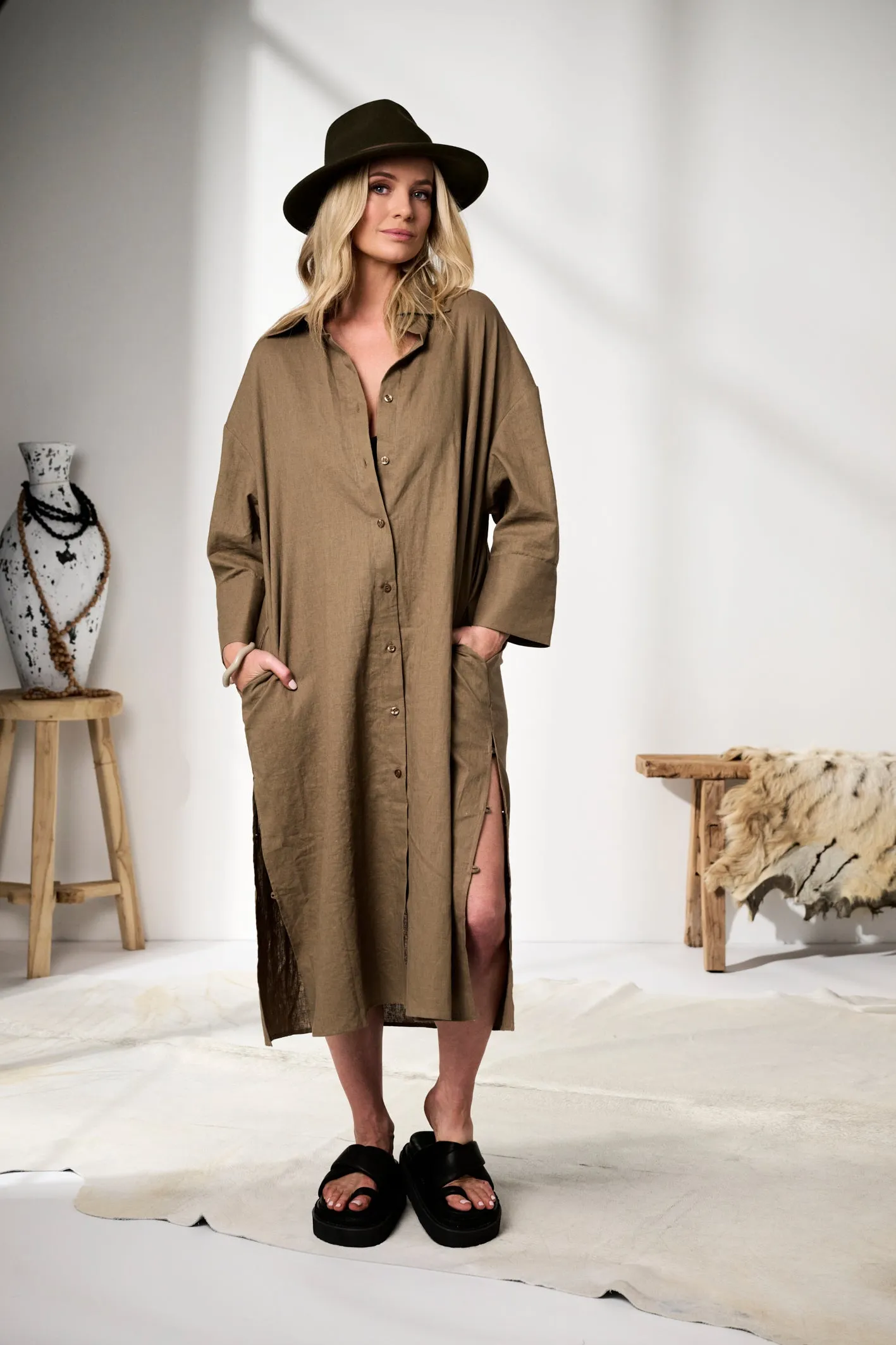 'Nadia' Linen Coat/Dress - Khaki