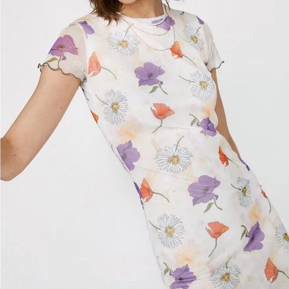 Nasty Gal Floral Mesh Crew Neck Midi Dress