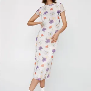 Nasty Gal Floral Mesh Crew Neck Midi Dress